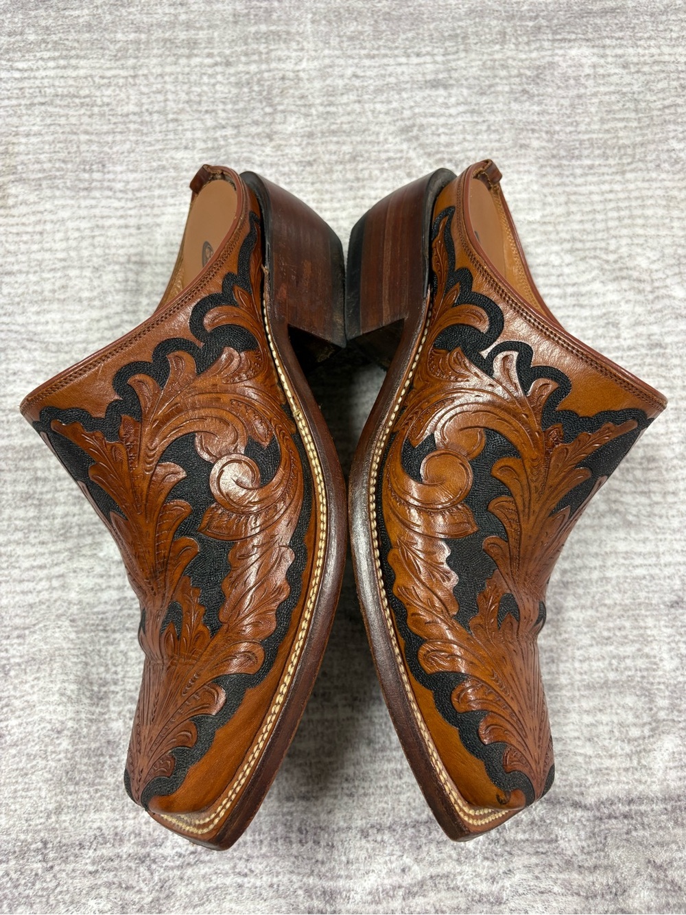 Vintage Lucchese Leather Tooled Western Mules Brown Black Square Toe Block Heel - Picture 4 of 10